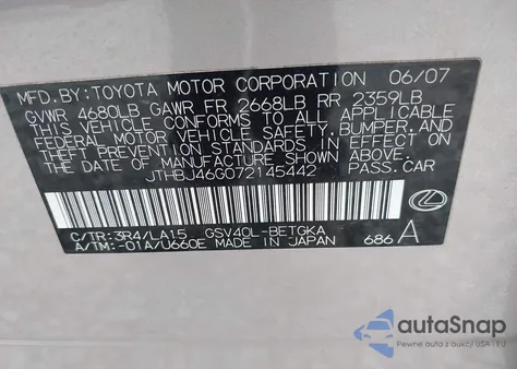 2007 Lexus Es 350 z USA, uszkodzony, nr VIN JTHBJ46G072145442